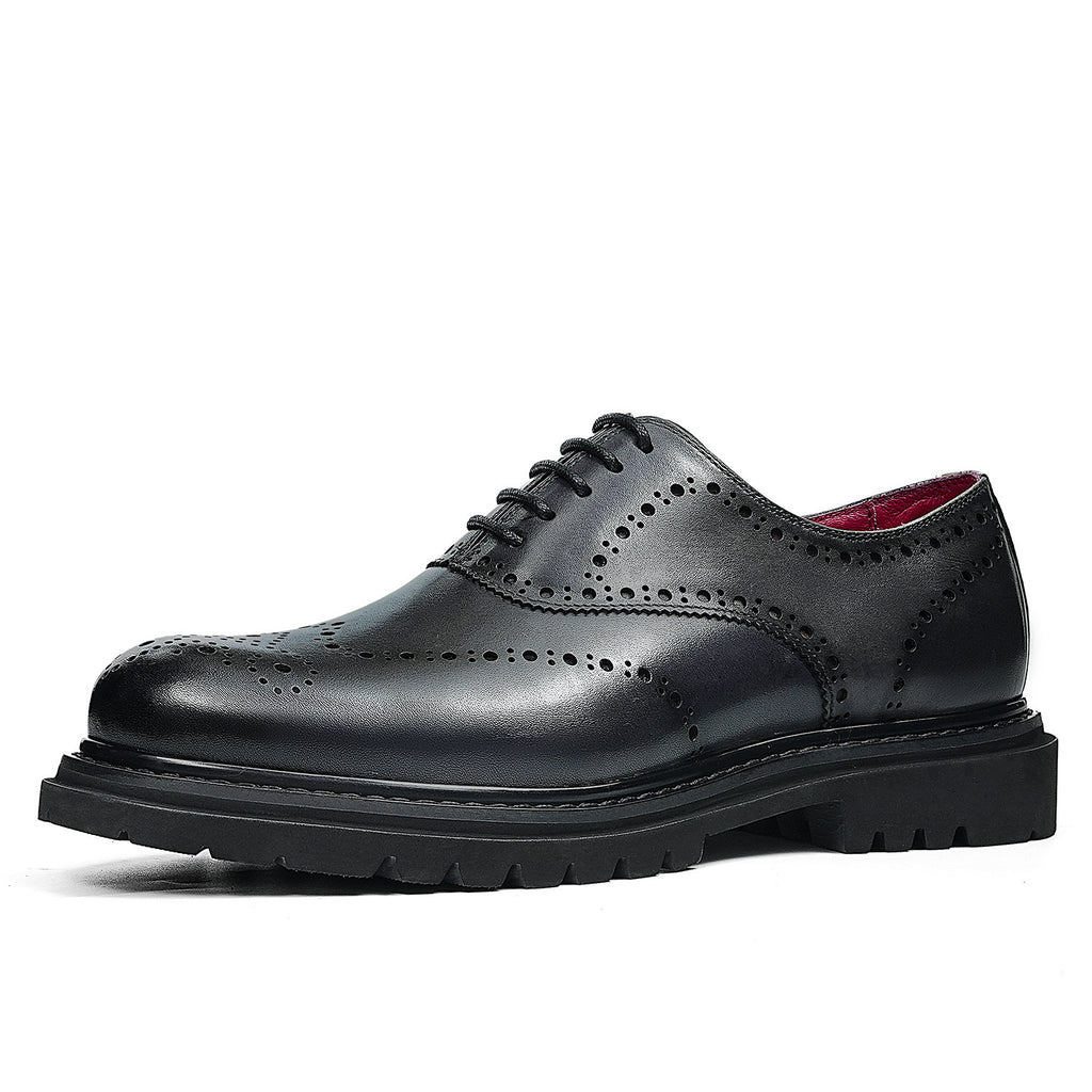 Men's chunky lug sole wingtip brogue oxfords, black, lace-up with perforated detailing