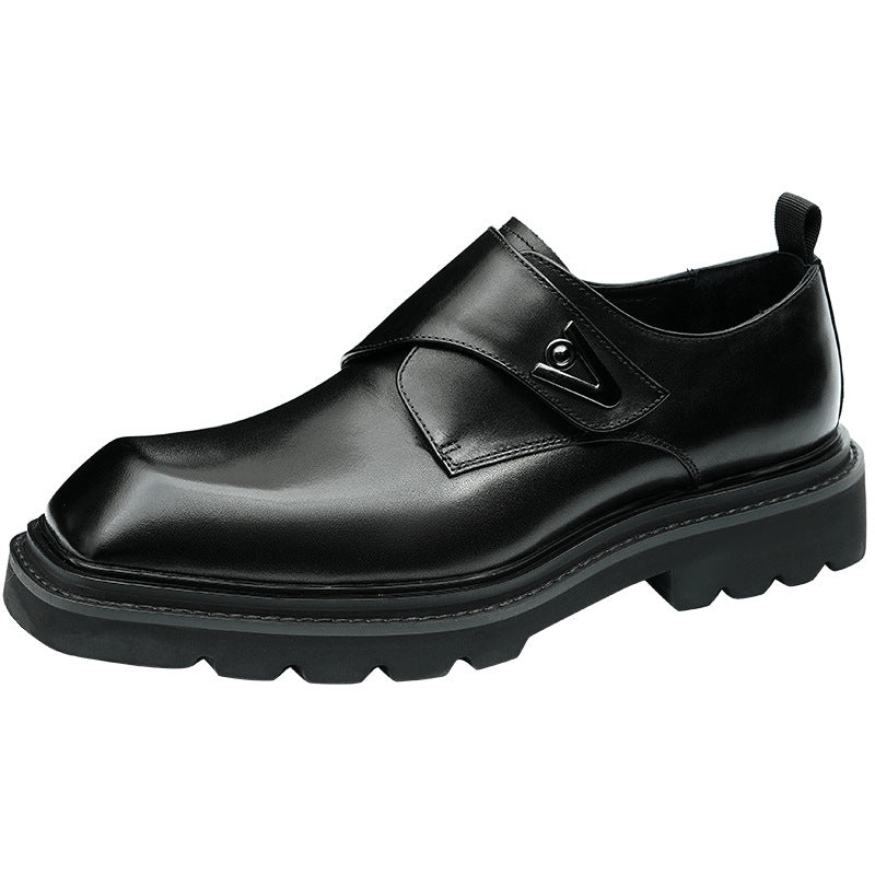 Men's Black Dark Brown Square Toe Single Monk Leather Shoes