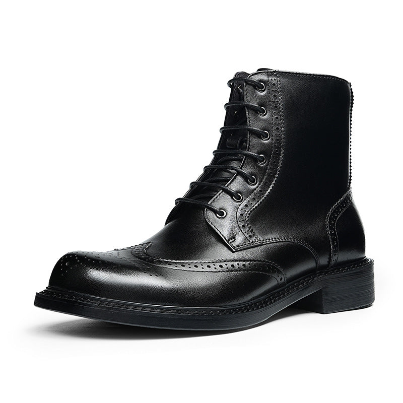 Black leather lace-up dress boots with wingtip detailing and thick sole