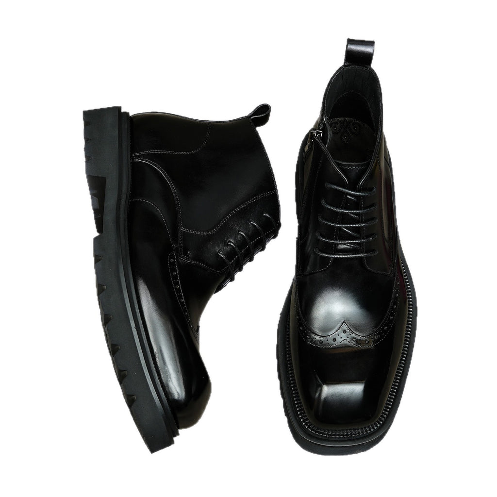 Black leather lace-up ankle boots with side zipper and chunky thick sole