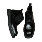 Black leather lace-up ankle boots with side zipper and chunky thick sole
