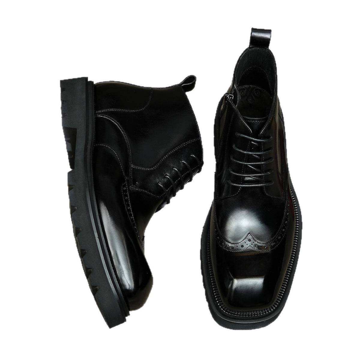 Black leather lace-up ankle boots with side zipper and chunky thick sole