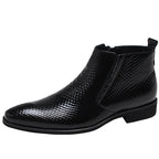 Men's black leather side-zip ankle dress boot with textured finish and thick sole