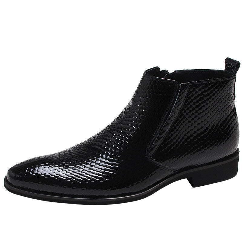 Men's black leather side-zip ankle dress boot with textured finish and thick sole