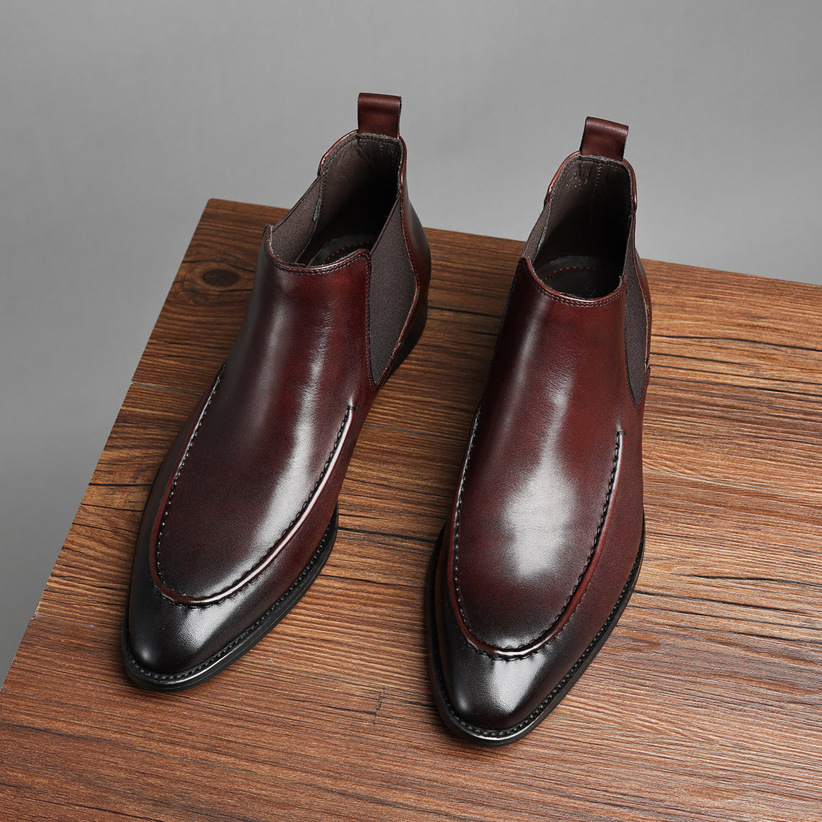 Men's genuine leather Chelsea dress boots, dark brown pair, slip-on ankle boots with elastic gore.
