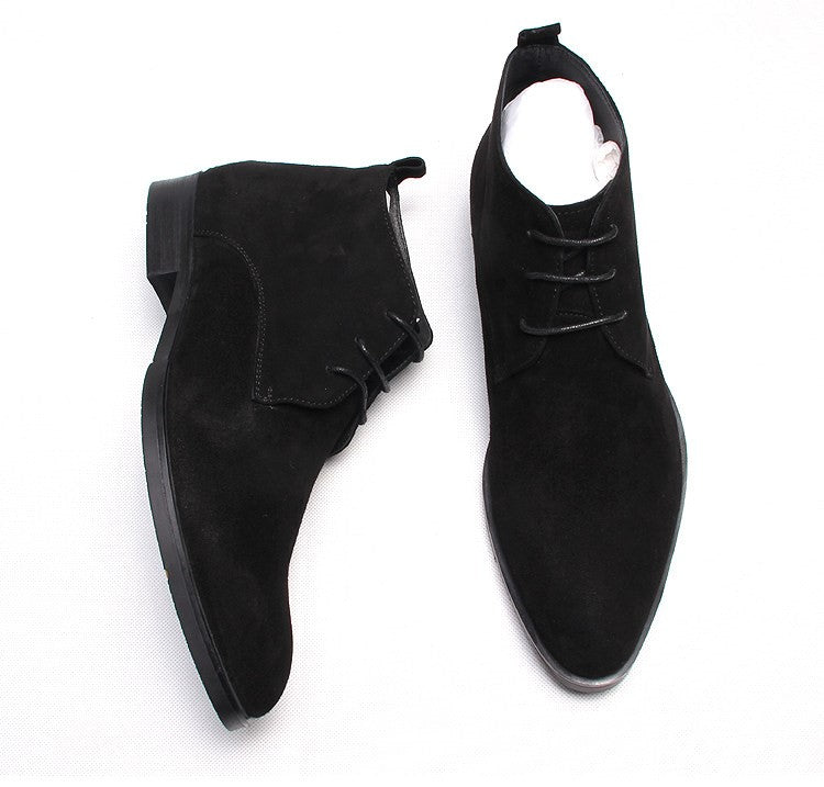 Black suede lace-up dress boots, side view with ankle panel and lace closure