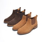 Men's suede chelsea dress boots—pair in dark brown and tan/brown with elastic side gore