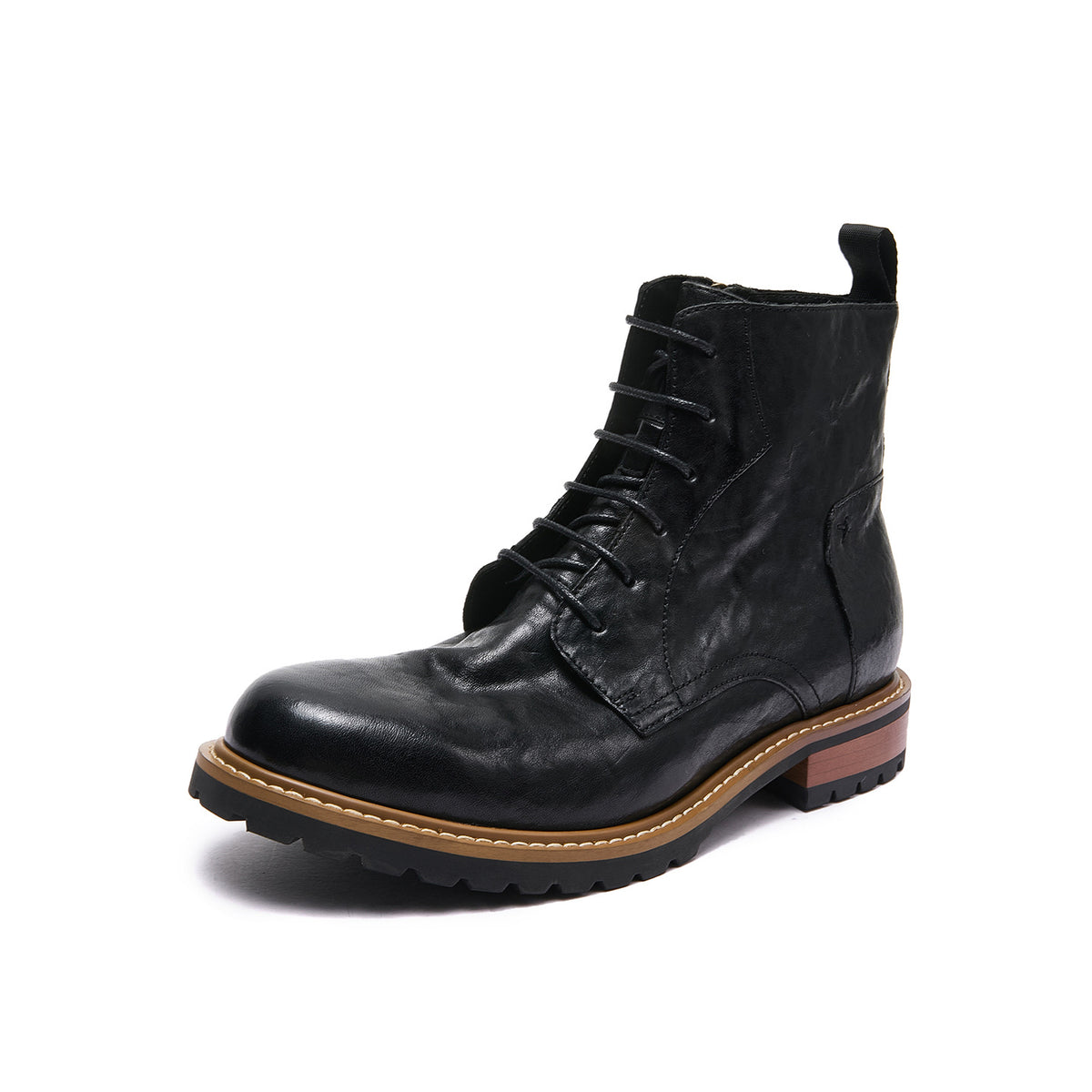 Black leather cap-toe lace-up boots with side zip, tan welt and lug rubber sole