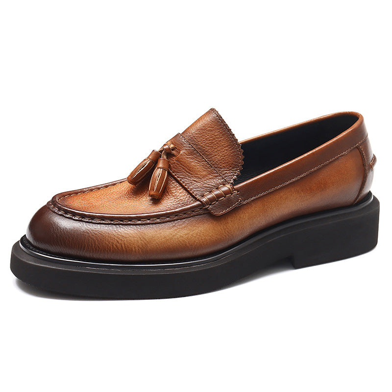 Men's Round Toe Tassel Platform Leather Dress Loafers
