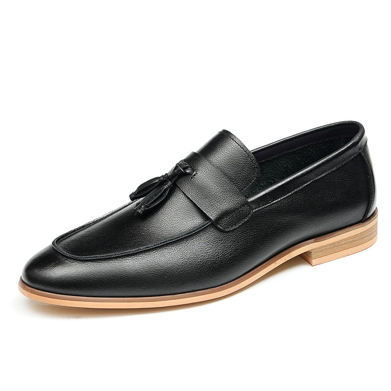 Men's Black Gray Pointed Toe Tassel Leather Loafers