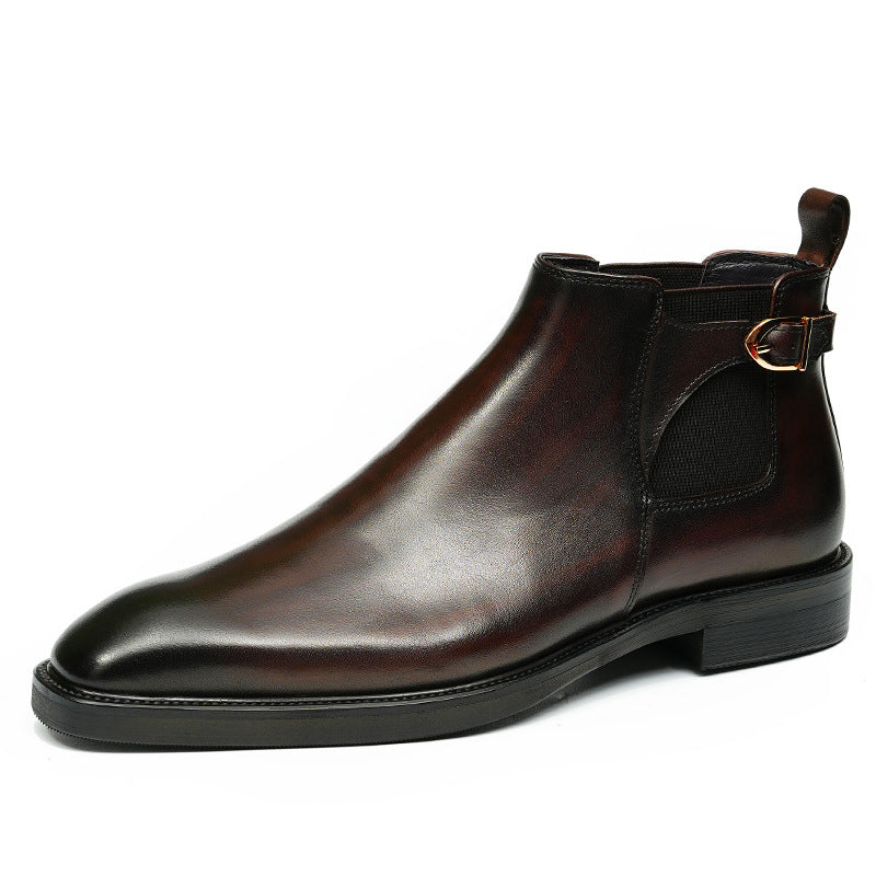 Men's Pointed Toe Buckle Leather Slip-On Chelsea Boots