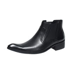 Men's black leather Chelsea dress boot with elastic side goring and block heel