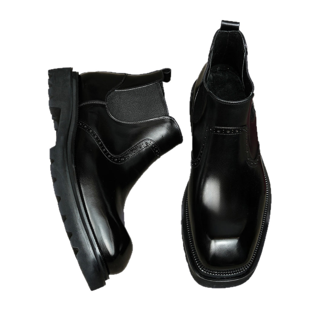 Men's black leather chelsea dress boots with elastic gore and stitched toe detailing