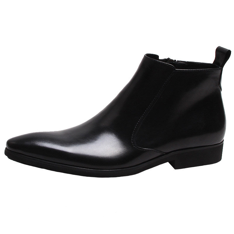 Men's black leather ankle boots with thick sole and side stretch panel
