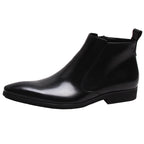 Men's black leather ankle boots with thick sole and side stretch panel