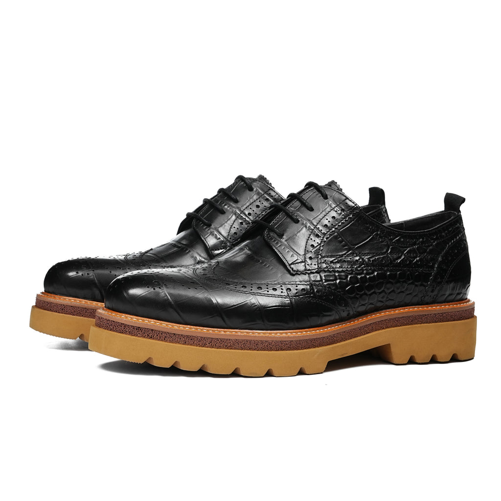Men's pointed-toe leather derby dress shoes, black, laced with wingtip detailing