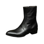 Men's black leather side-zip dress boot with thick sole and short heel