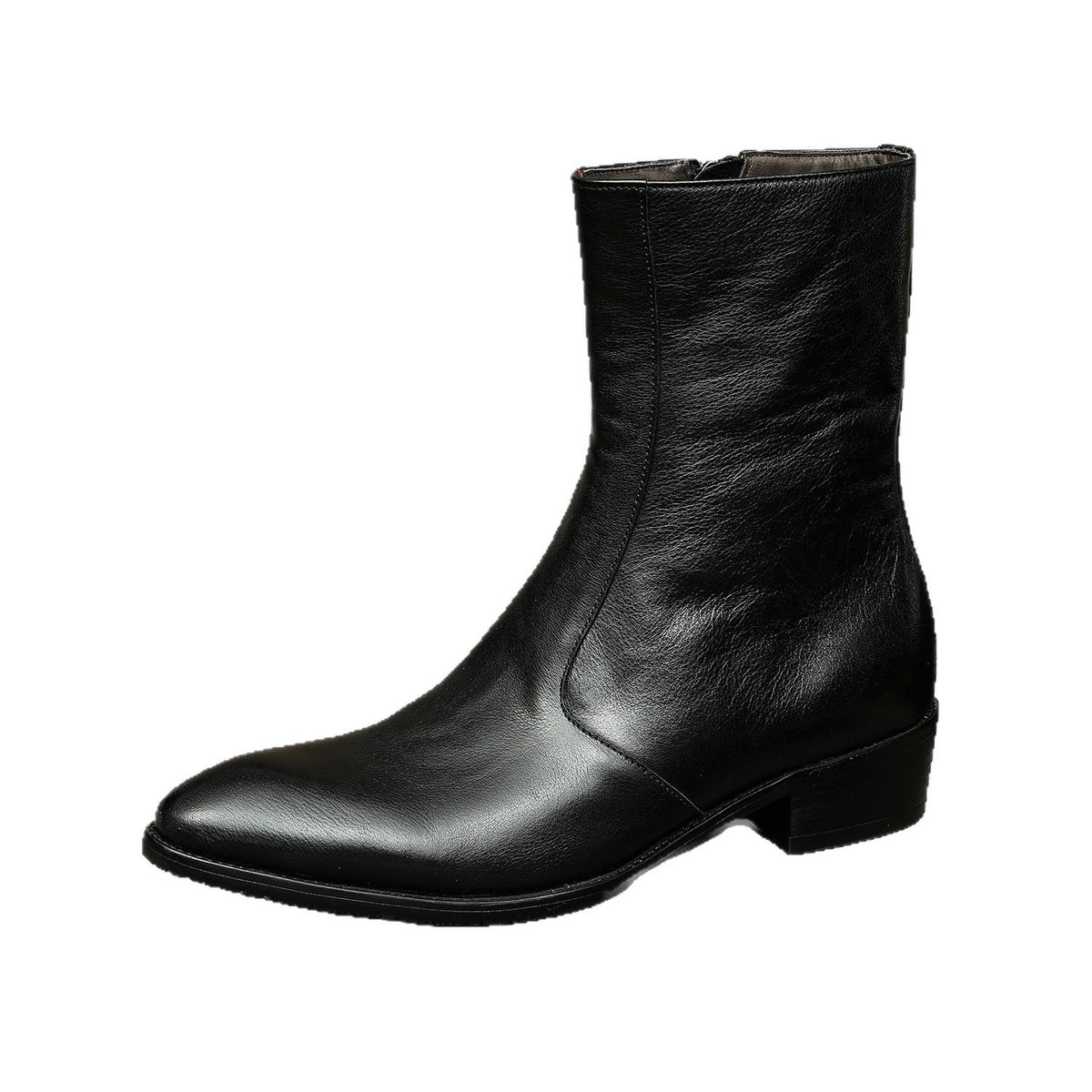 Men's black leather side-zip dress boot with thick sole and short heel