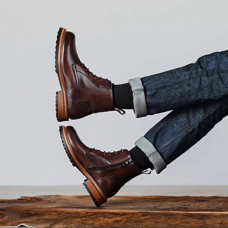 Brown leather lace-up side-zip dress boots, stepping pose with jeans