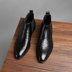 Men's genuine leather Chelsea dress boots, black with side elastic gore and textured leather