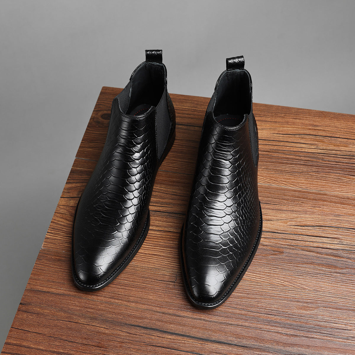 Men's genuine leather Chelsea dress boots, black with side elastic gore and textured leather