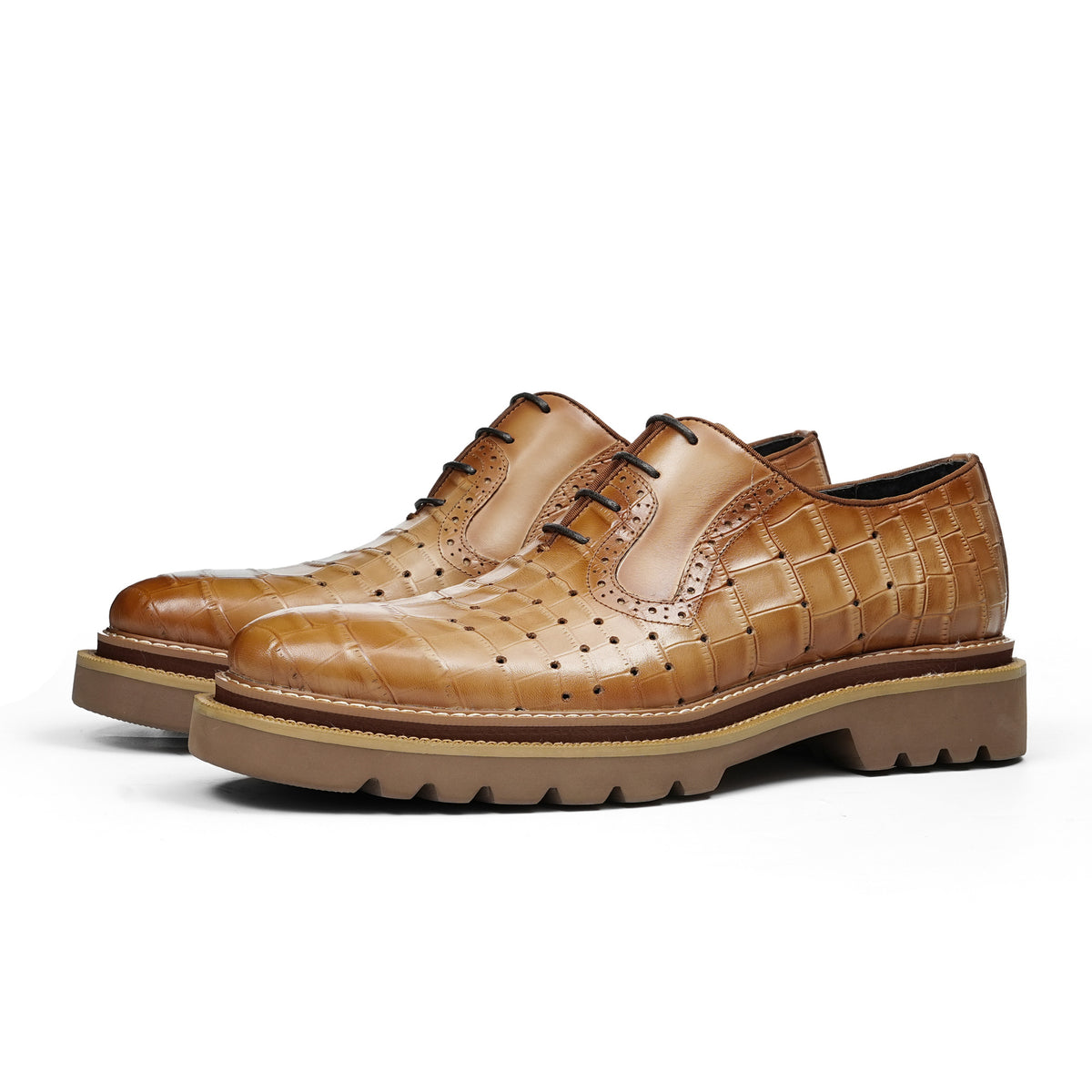 Men's Croc Embossed Leather Chunky Lug Sole Perforated Oxfords