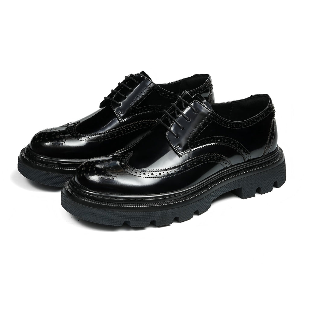 Men's leather pointed-toe derby shoes, lace-up with glossy finish and chunky platform sole.
