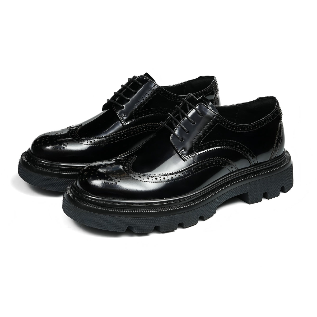 Men's leather pointed-toe derby shoes, lace-up with glossy finish and chunky platform sole.