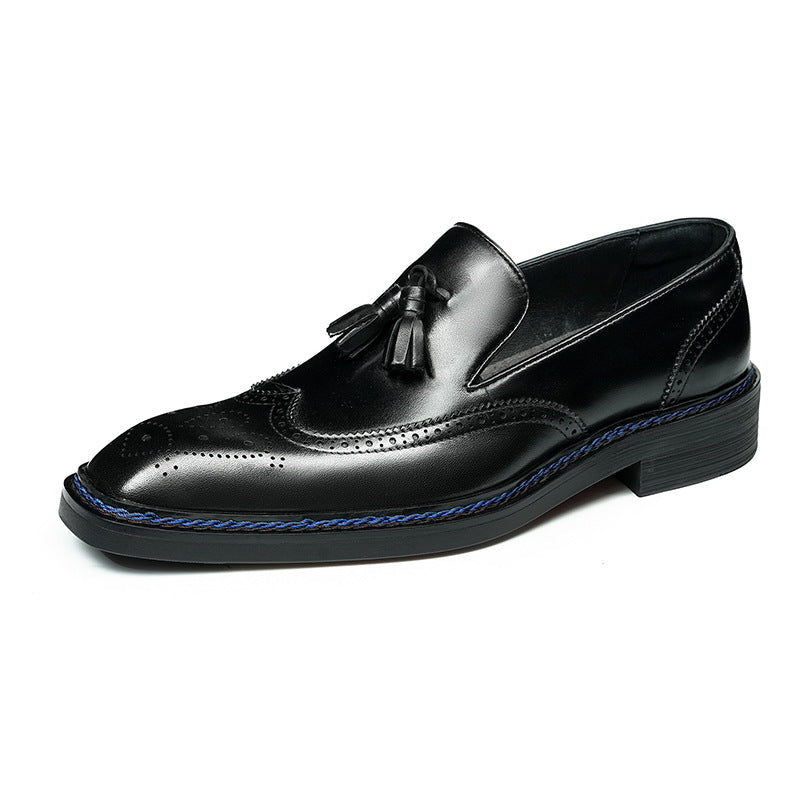 Men's Perforated Brogue Tassel Square Toe Leather Loafers