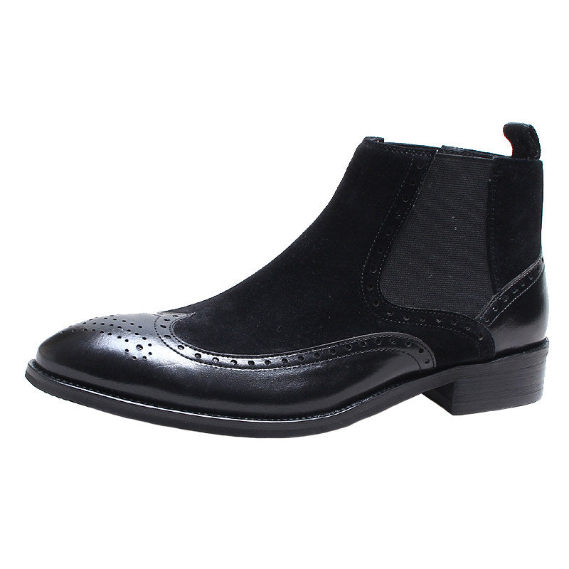 Men's black leather Chelsea dress boot, side elastic panel with brogue toe trim