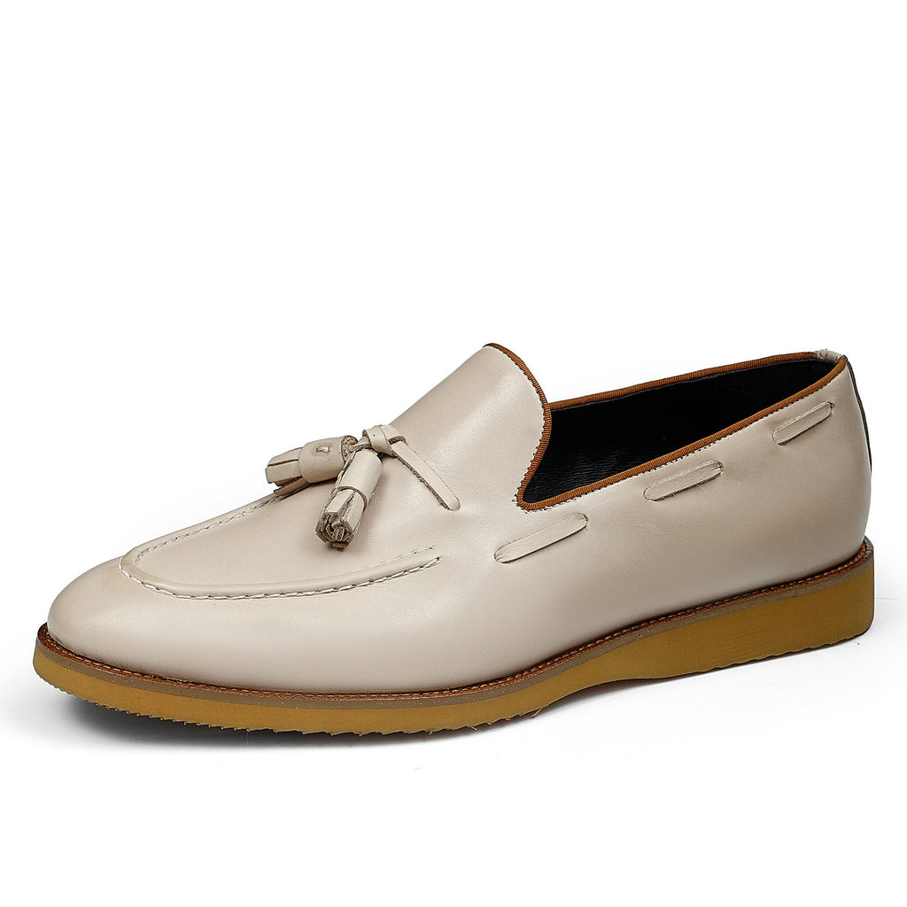 Men's Beige Elastic-Gore Leather Tassel Dress Loafers