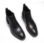 Men's black woven leather Chelsea boots, slip-on style with elastic gore sides
