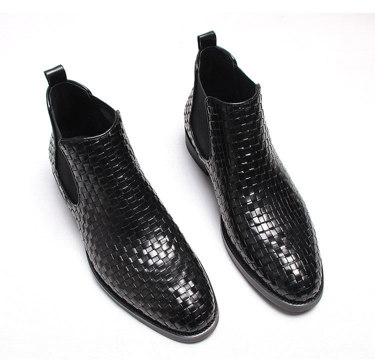 Men's black woven leather Chelsea boots, slip-on style with elastic gore sides