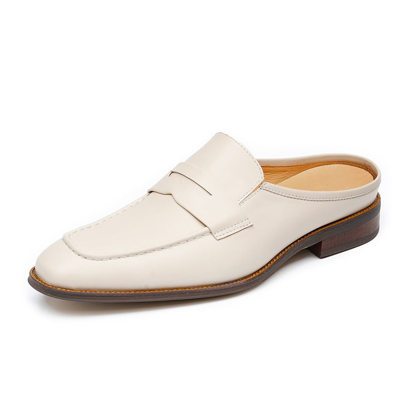 Men's Beige Pointed Toe Leather Mule Loafers