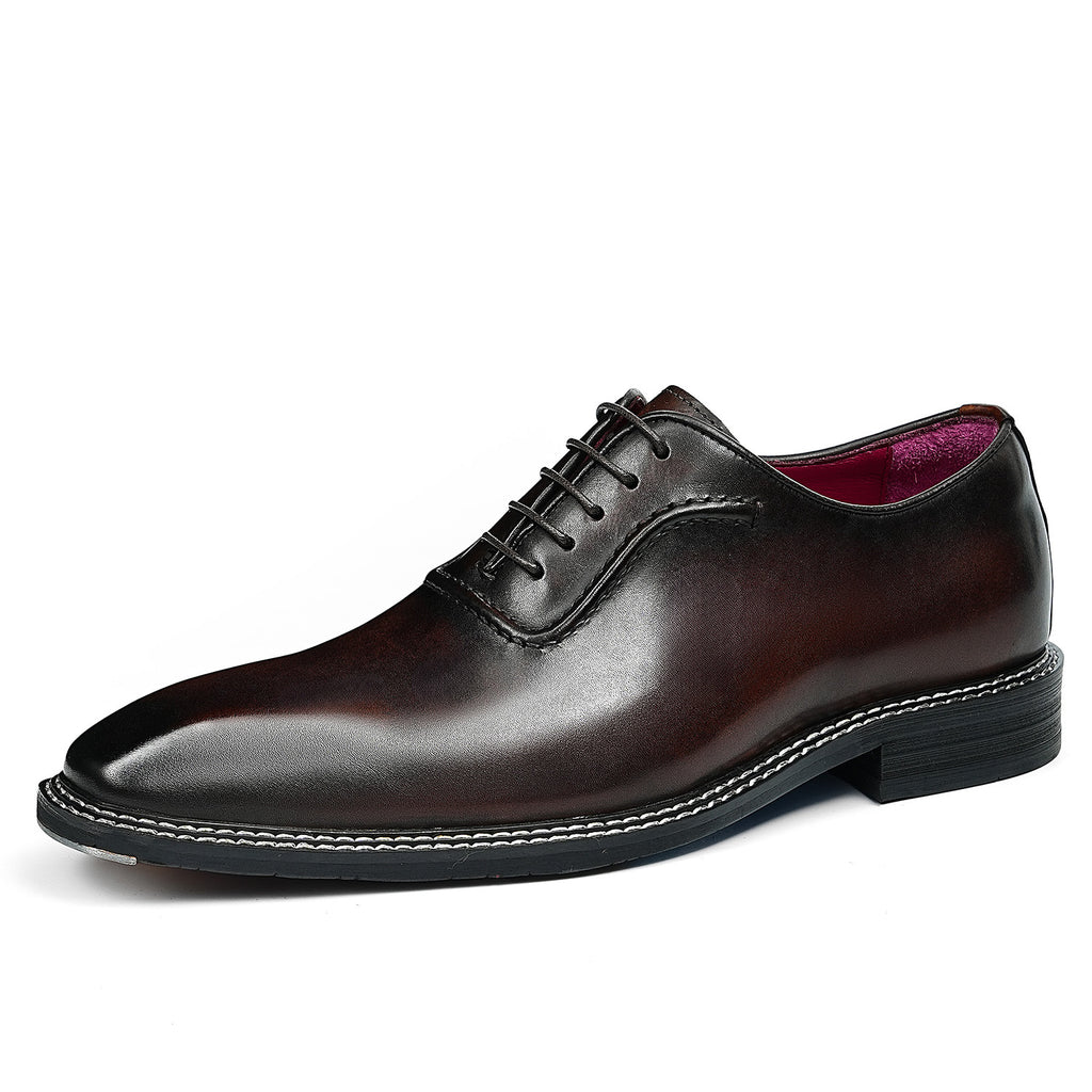 Men's chunky lug sole oxford shoes in dark brown with red-lined collar, lace-up side view.
