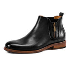 Men's pointed-toe leather side-zip dress boot, black, with tan sole and stacked heel
