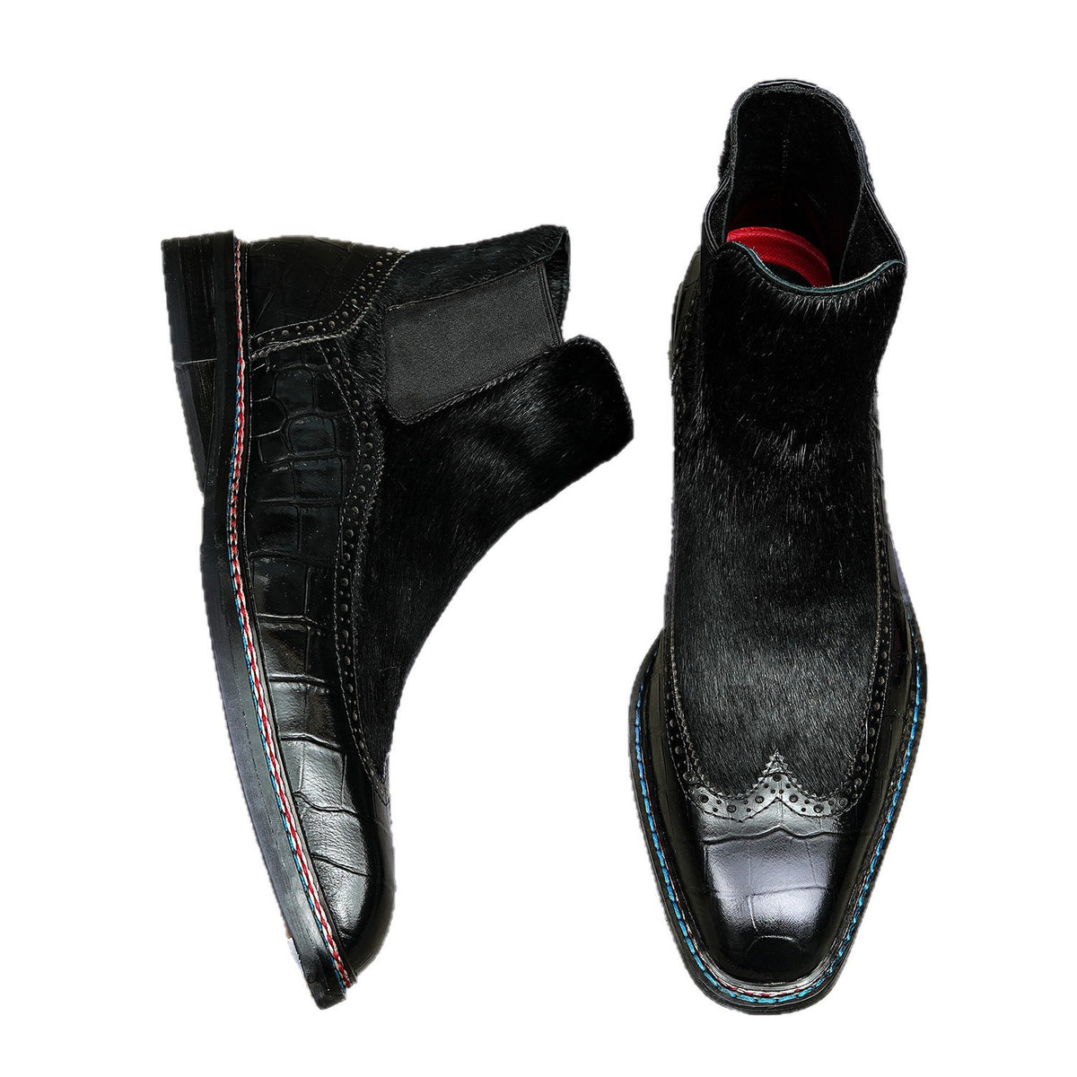 Black leather chelsea dress boots with elastic side panels and red interior lining