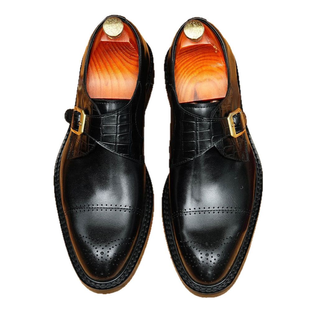Men's Black Brown Pointed Cap Toe Single Monk Leather Shoes