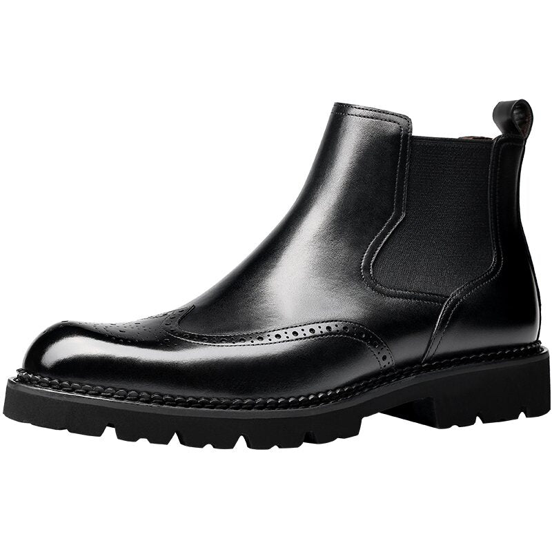 Men's genuine leather black Chelsea dress boots, slip-on with elastic gore and brogue toe