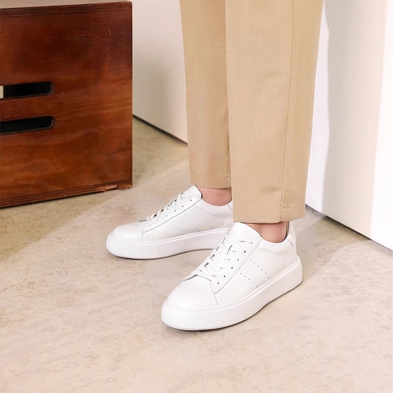 Men's genuine leather low-top sneakers, white lace-up with perforated toe panels