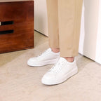 Men's genuine leather low-top sneakers, white lace-up with perforated toe panels