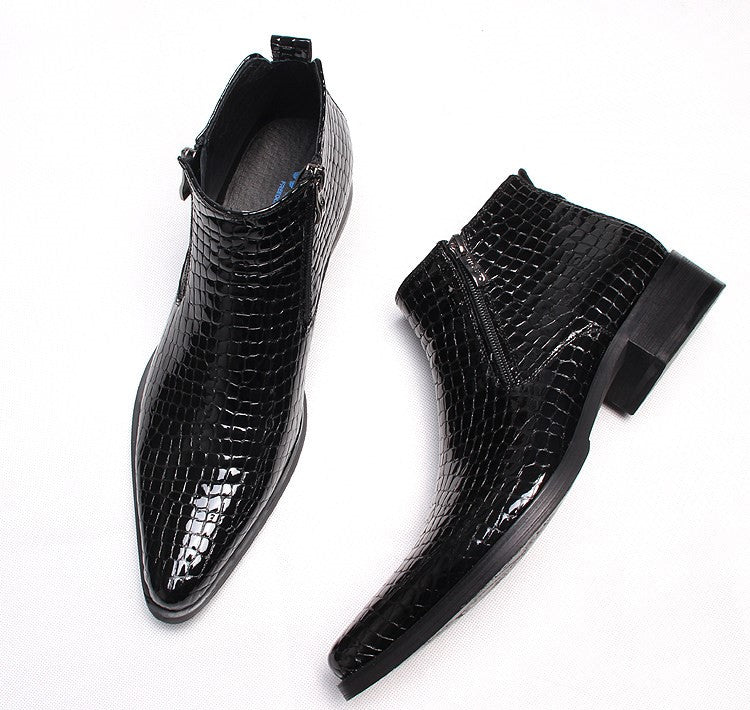 Men's leather side-zip dress boots, black crocodile texture, heel and toe detail, thick sole