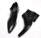 Men's leather side-zip dress boots, black crocodile texture, heel and toe detail, thick sole