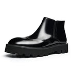 Men's Round Toe Brogue Thick Sole Leather Zip Boots