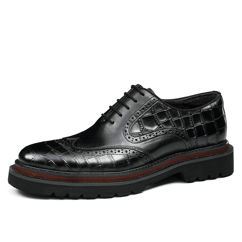 Men's chunky lug sole wingtip brogue oxford shoes, black leather-style lace-up