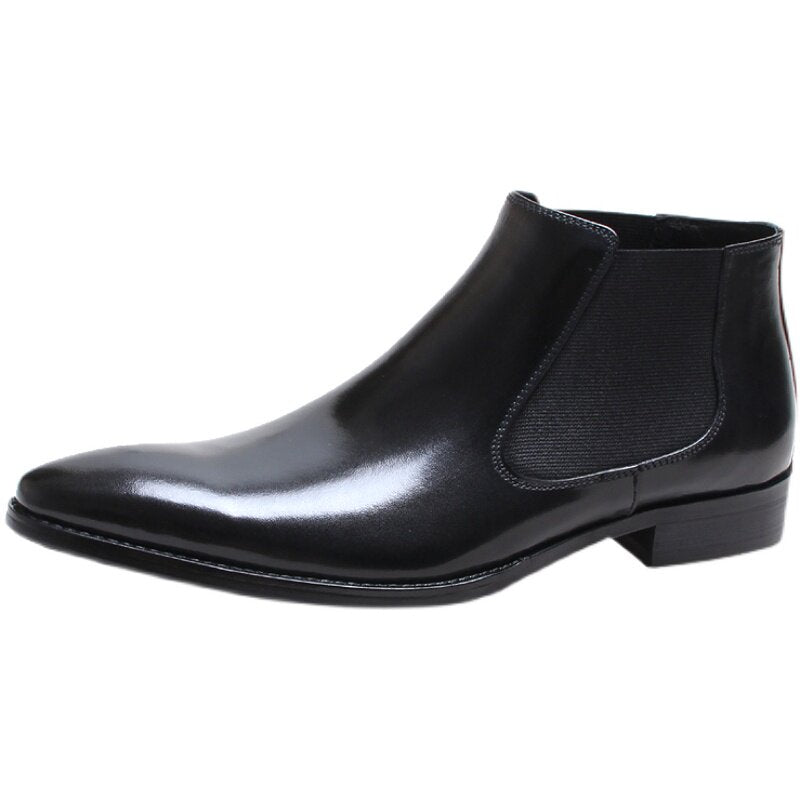 Men's genuine leather Chelsea dress boots, black slip-on with elastic side gore