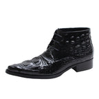 Men's black wingtip brogue lace-up dress boots with textured upper and low block heel