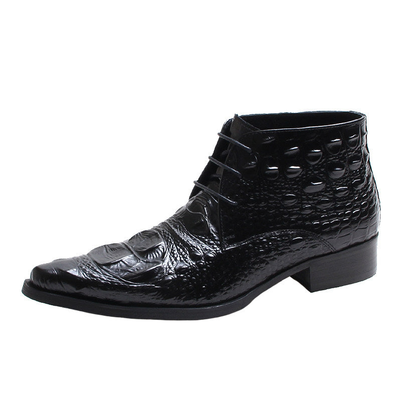 Men's black wingtip brogue lace-up dress boots with textured upper and low block heel