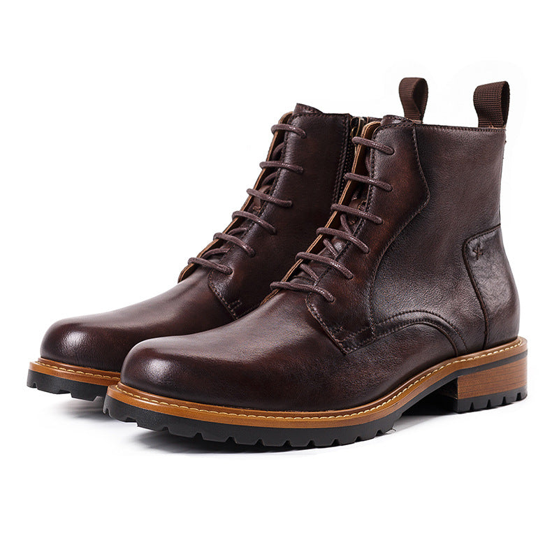 Men's pointed-toe leather side-zip lace-up boots, dark brown with lug rubber sole