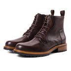 Men's pointed-toe leather side-zip lace-up boots, dark brown with lug rubber sole